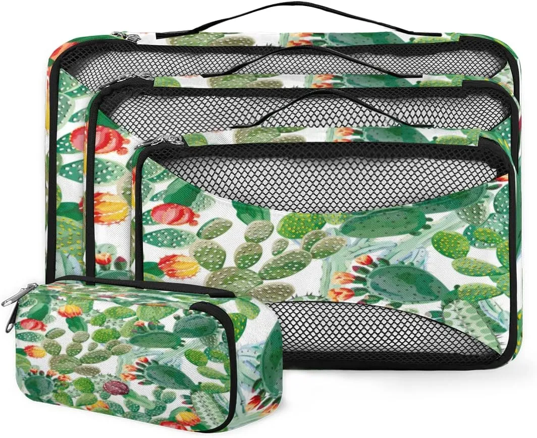 Packing Cubes 4 Pack Tropical Cactus Flower Pattern Travel Packing Bags Individual Carry on Suitcases Underwear Luggage Mesh Organizer Packing Cubes Set for Travel Bag Backpack