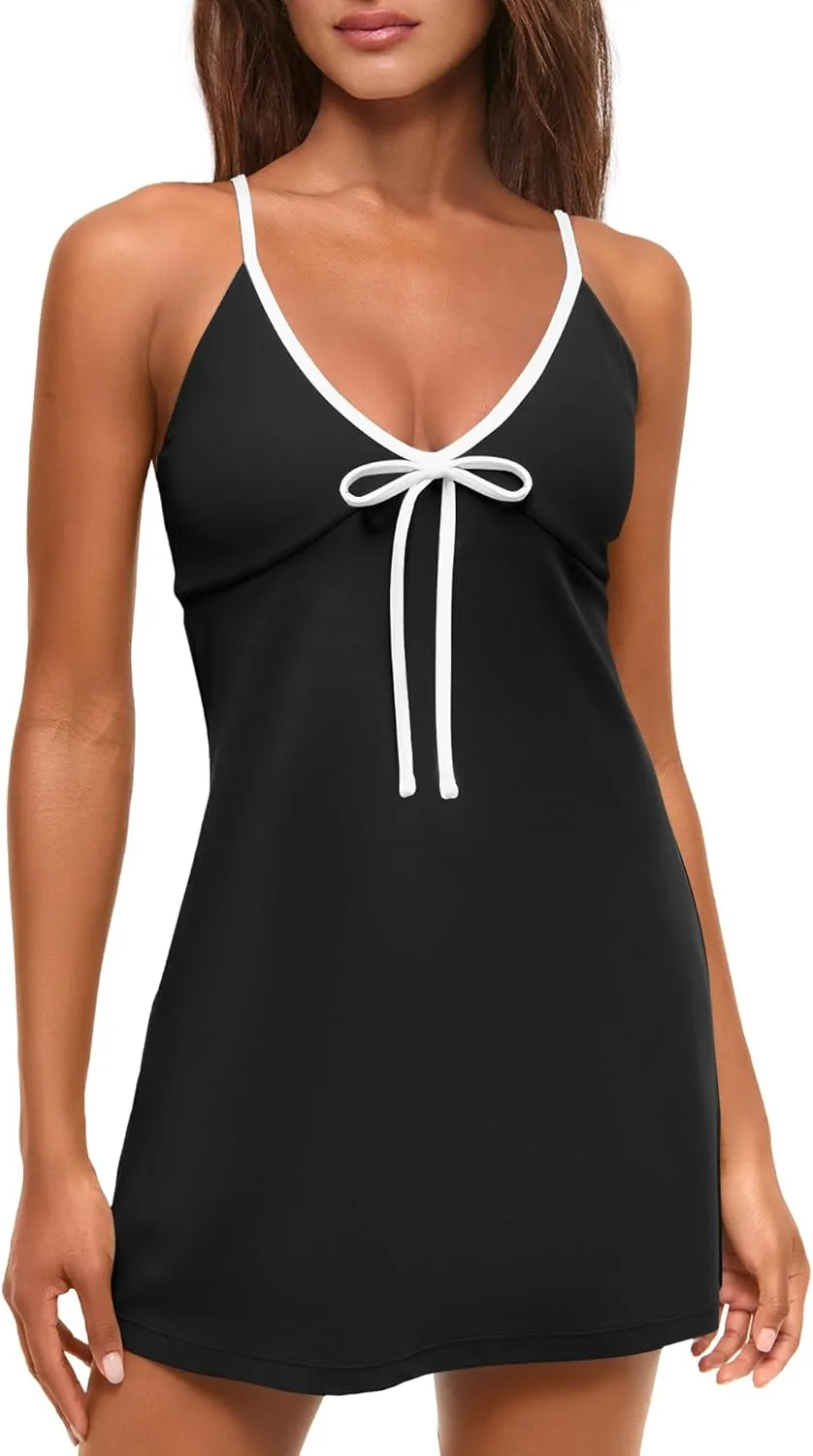 Panadila One Piece Workout Outfit Tennis Dress Athletic Dress Golf Dresses Gym Clothes with Build in Shorts with Pockets