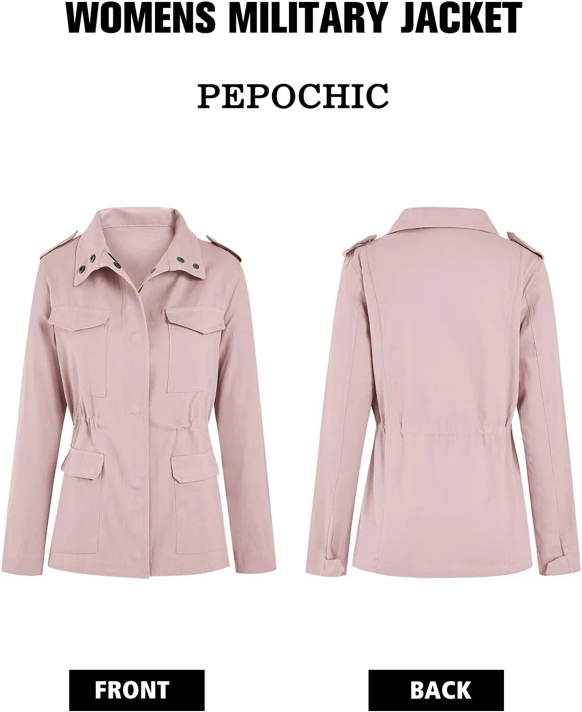 Pepochic Womens Military Jacket Zip Up Snap Buttons Lightweight Utility Anorak Field Safari Coat Outwear