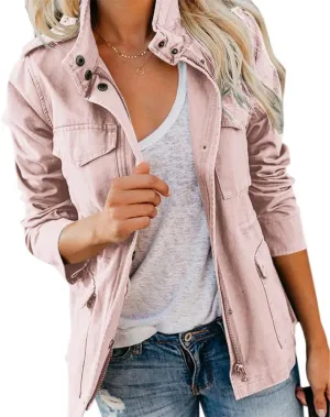 Pepochic Womens Military Jacket Zip Up Snap Buttons Lightweight Utility Anorak Field Safari Coat Outwear