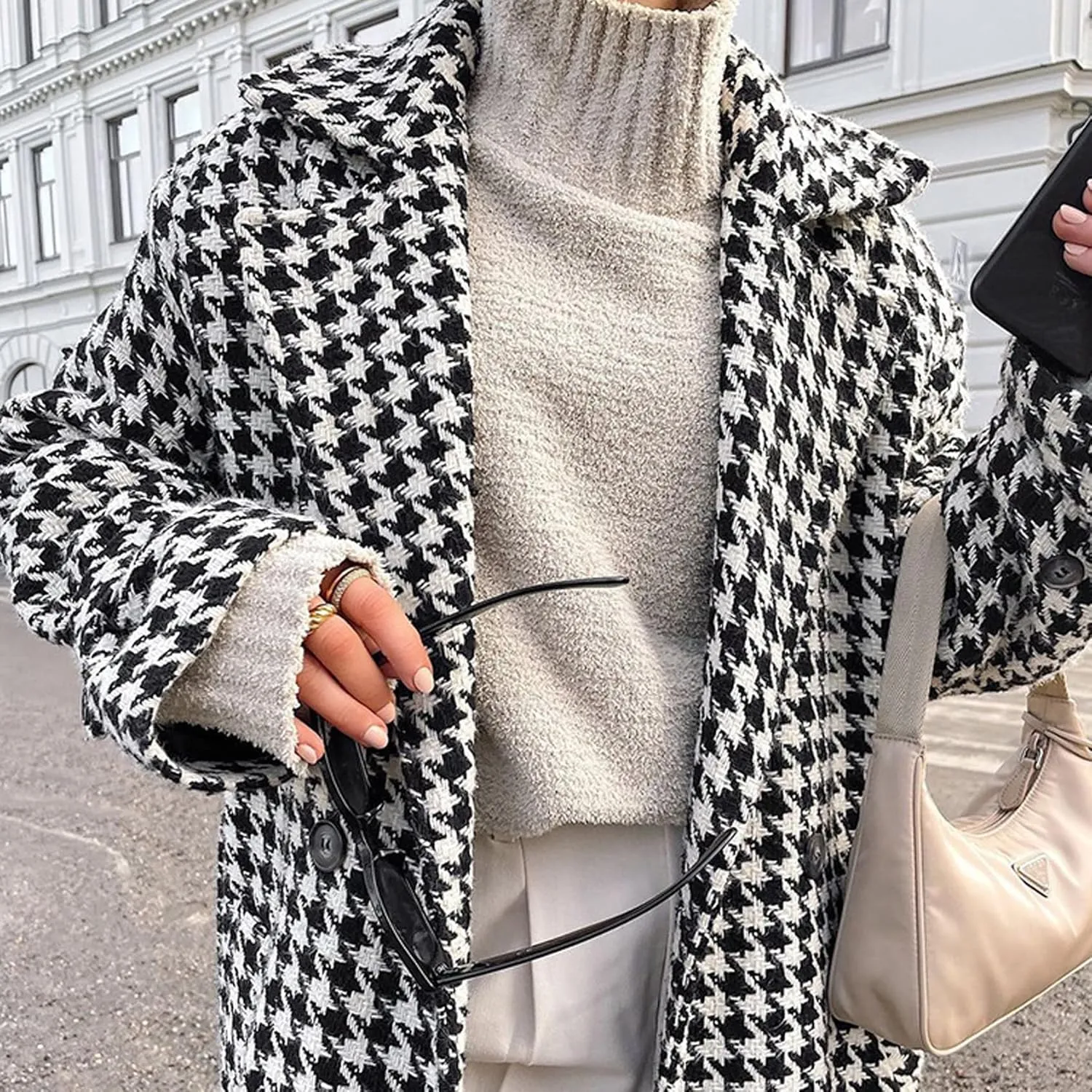 Perbai Womens Houndstooth Trench Jacket Notched Lapel Double Breasted Belted Long Peacoat with Pockets