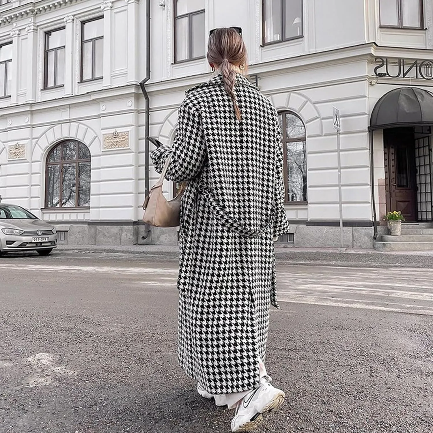 Perbai Womens Houndstooth Trench Jacket Notched Lapel Double Breasted Belted Long Peacoat with Pockets