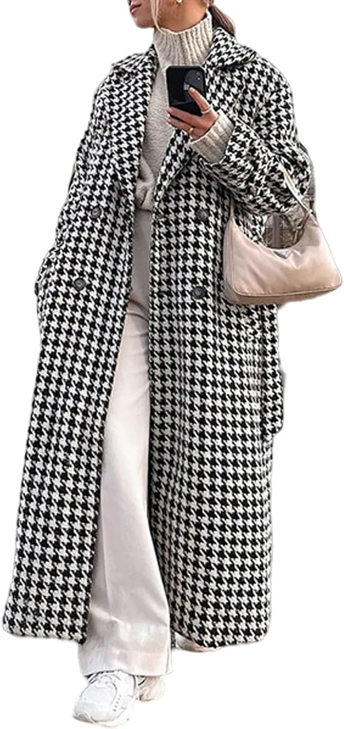 Perbai Womens Houndstooth Trench Jacket Notched Lapel Double Breasted Belted Long Peacoat with Pockets