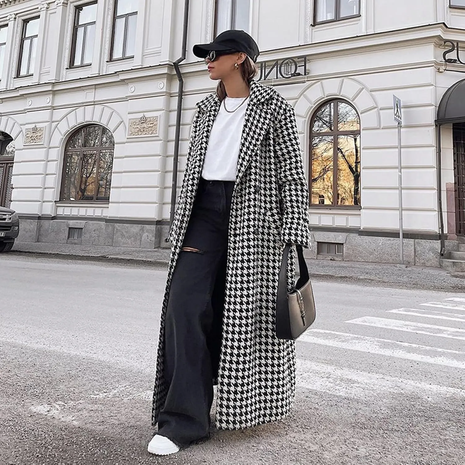 Perbai Womens Houndstooth Trench Jacket Notched Lapel Double Breasted Belted Long Peacoat with Pockets
