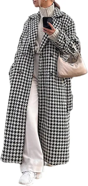 Perbai Womens Houndstooth Trench Jacket Notched Lapel Double Breasted Belted Long Peacoat with Pockets