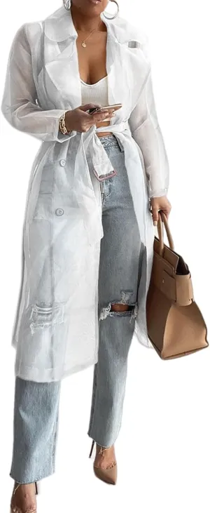Perbai Womens Sheer Mesh Trench Jacket Lapel Double Breasted Belted Midi Peacoat Outerwear