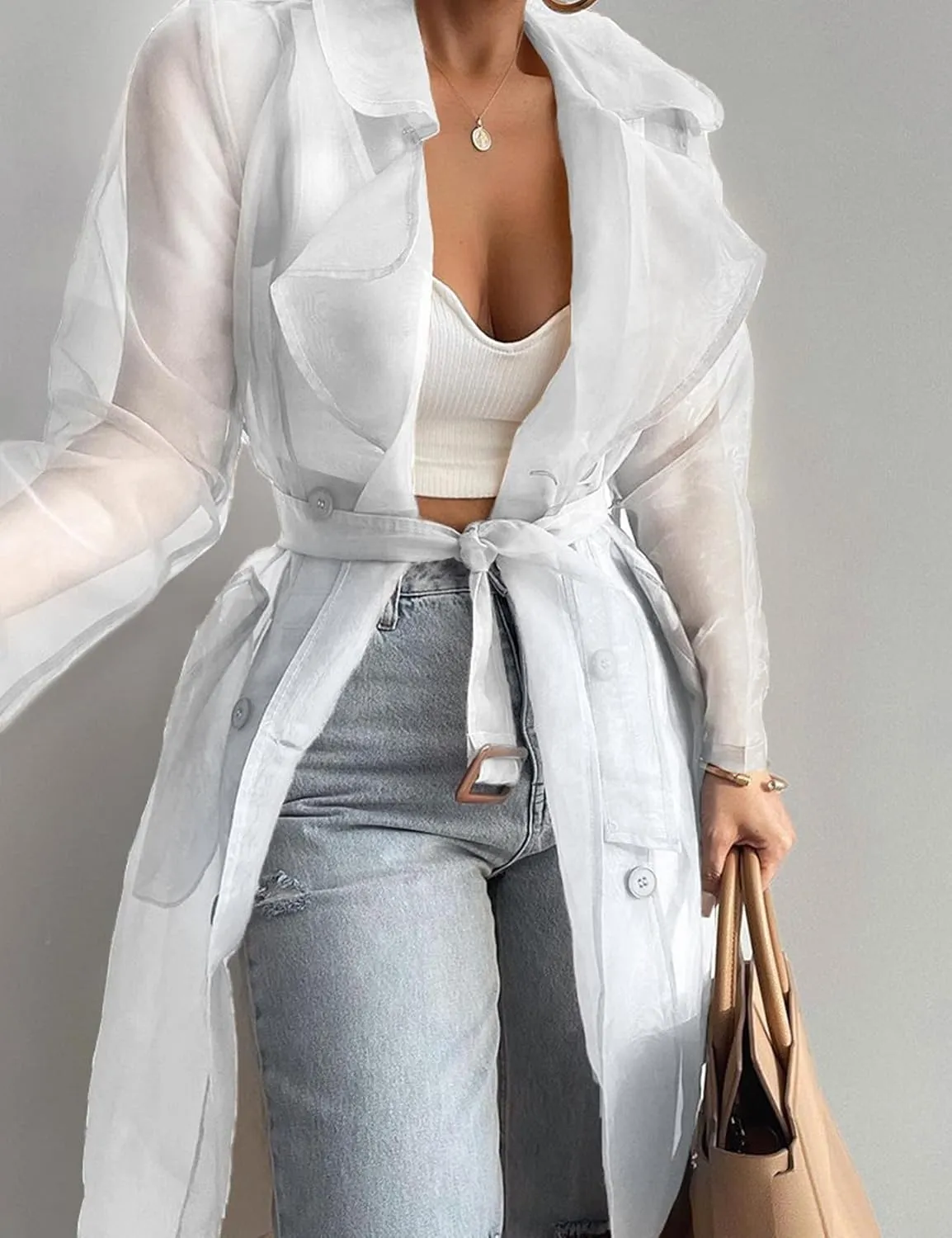 Perbai Womens Sheer Mesh Trench Jacket Lapel Double Breasted Belted Midi Peacoat Outerwear