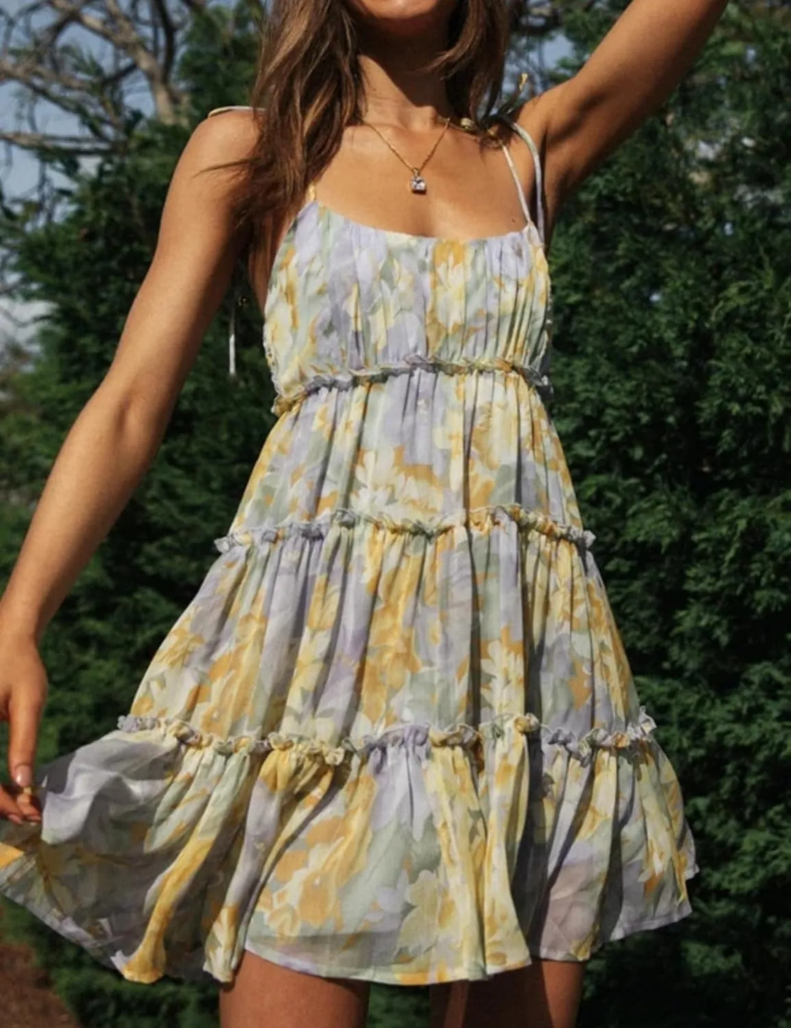 Perbai Womens Summer Floral Mini Dress Ruffle Sleeveless Spaghetti Strap Sundress Boho Flowy Skater Dresses 2025