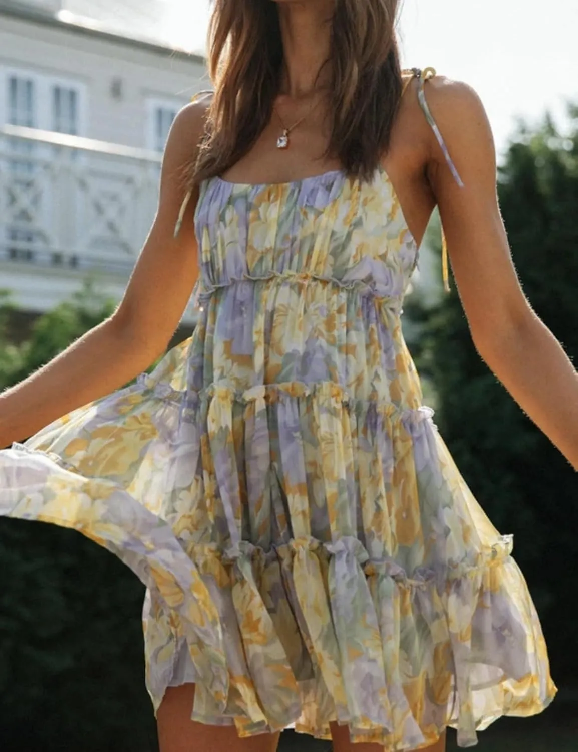 Perbai Womens Summer Floral Mini Dress Ruffle Sleeveless Spaghetti Strap Sundress Boho Flowy Skater Dresses 2025