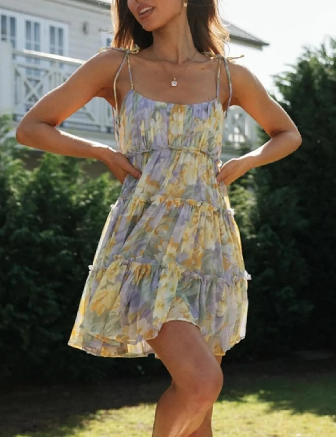 Perbai Womens Summer Floral Mini Dress Ruffle Sleeveless Spaghetti Strap Sundress Boho Flowy Skater Dresses 2025