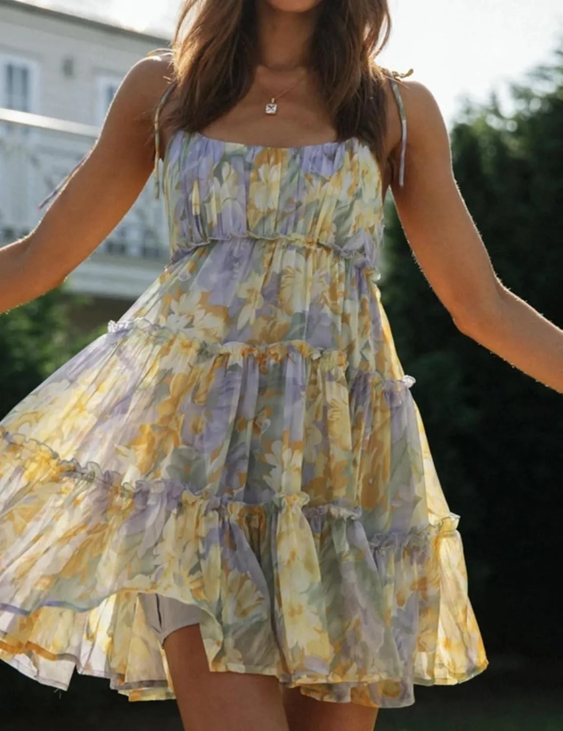 Perbai Womens Summer Floral Mini Dress Ruffle Sleeveless Spaghetti Strap Sundress Boho Flowy Skater Dresses 2025