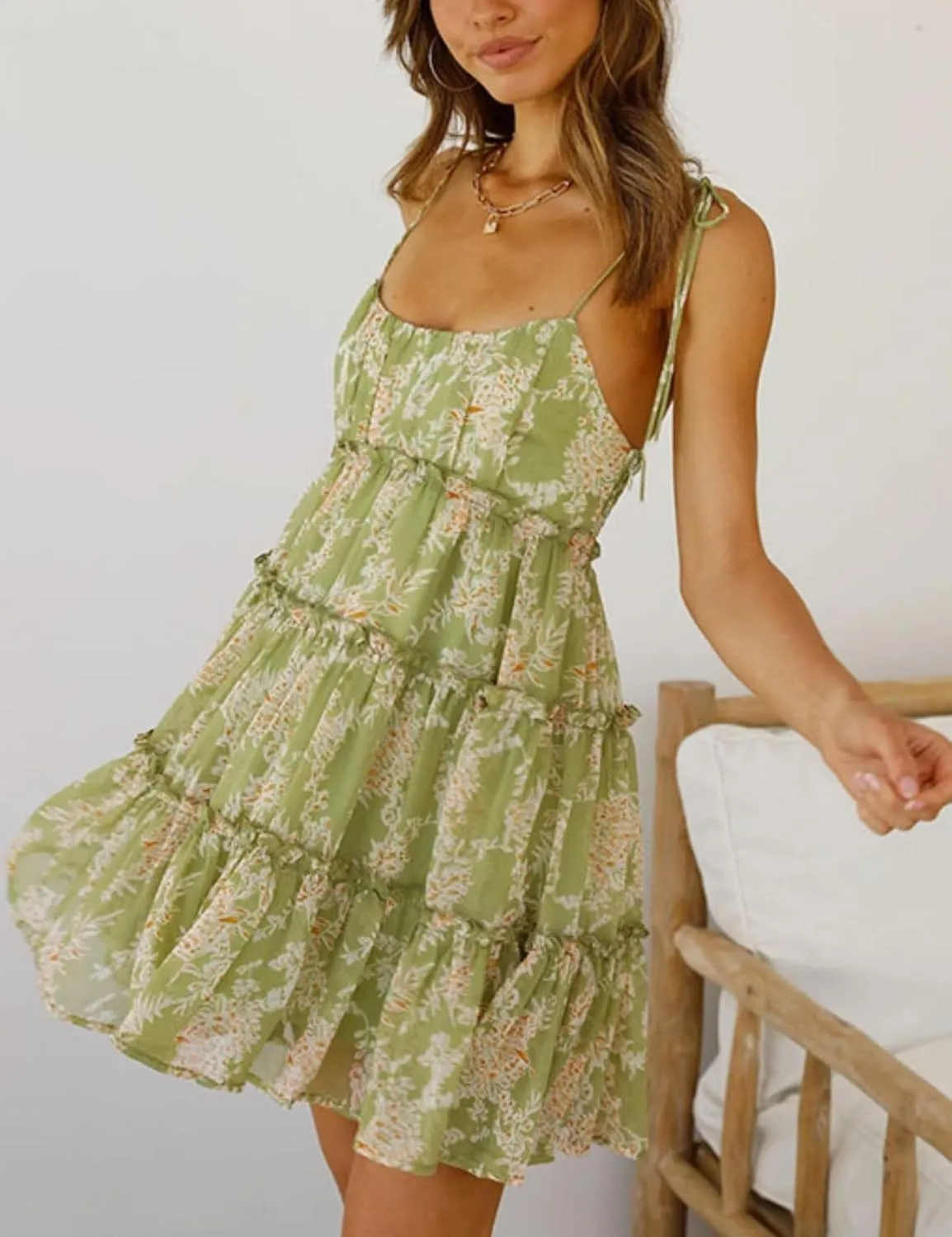 Perbai Womens Summer Floral Mini Dress Ruffle Sleeveless Spaghetti Strap Sundress Boho Flowy Skater Dresses 2025