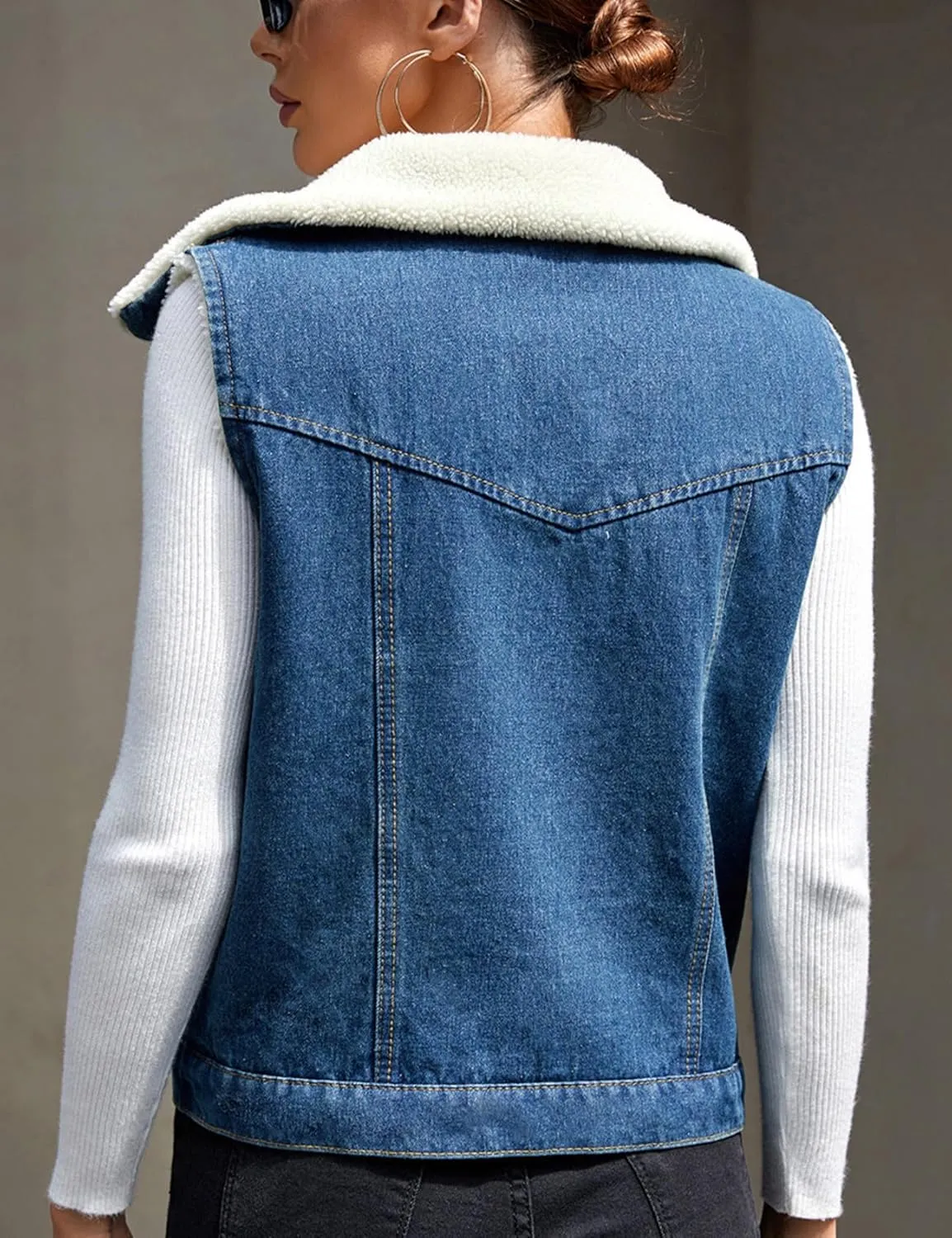 Perbai Womens Warm Fleece Lined Crop Denim Vest Lapel Button Down Loose Sleeveless Jean Sherpa Jacket