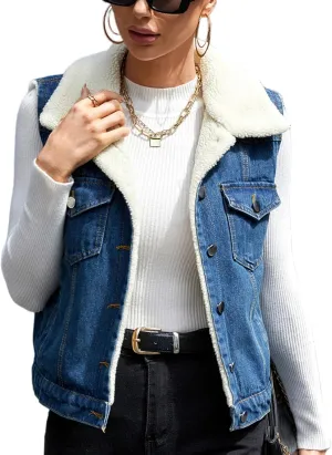 Perbai Womens Warm Fleece Lined Crop Denim Vest Lapel Button Down Loose Sleeveless Jean Sherpa Jacket