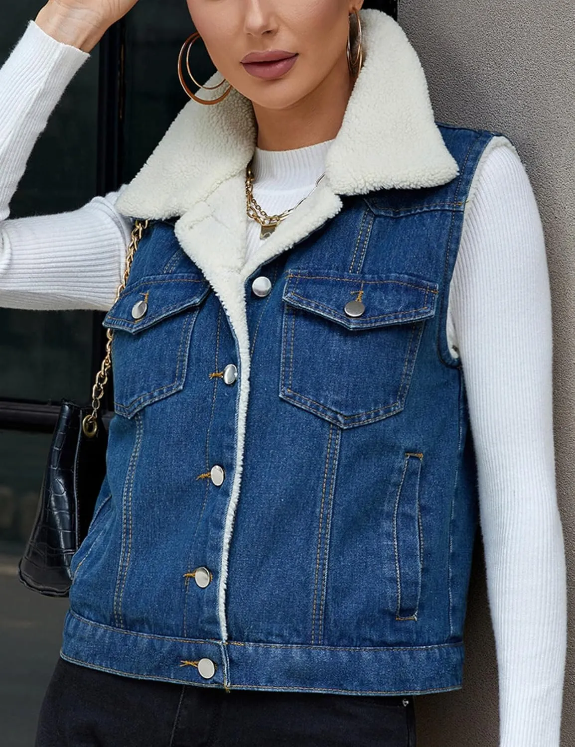 Perbai Womens Warm Fleece Lined Crop Denim Vest Lapel Button Down Loose Sleeveless Jean Sherpa Jacket