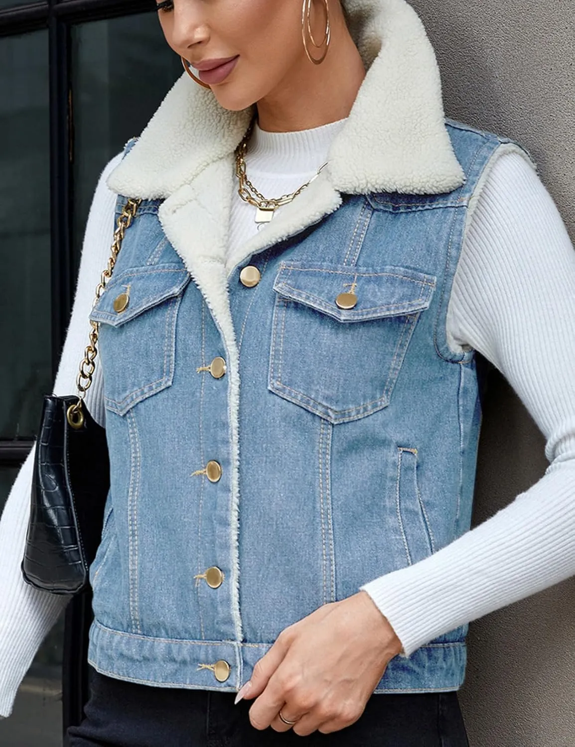 Perbai Womens Warm Fleece Lined Crop Denim Vest Lapel Button Down Loose Sleeveless Jean Sherpa Jacket