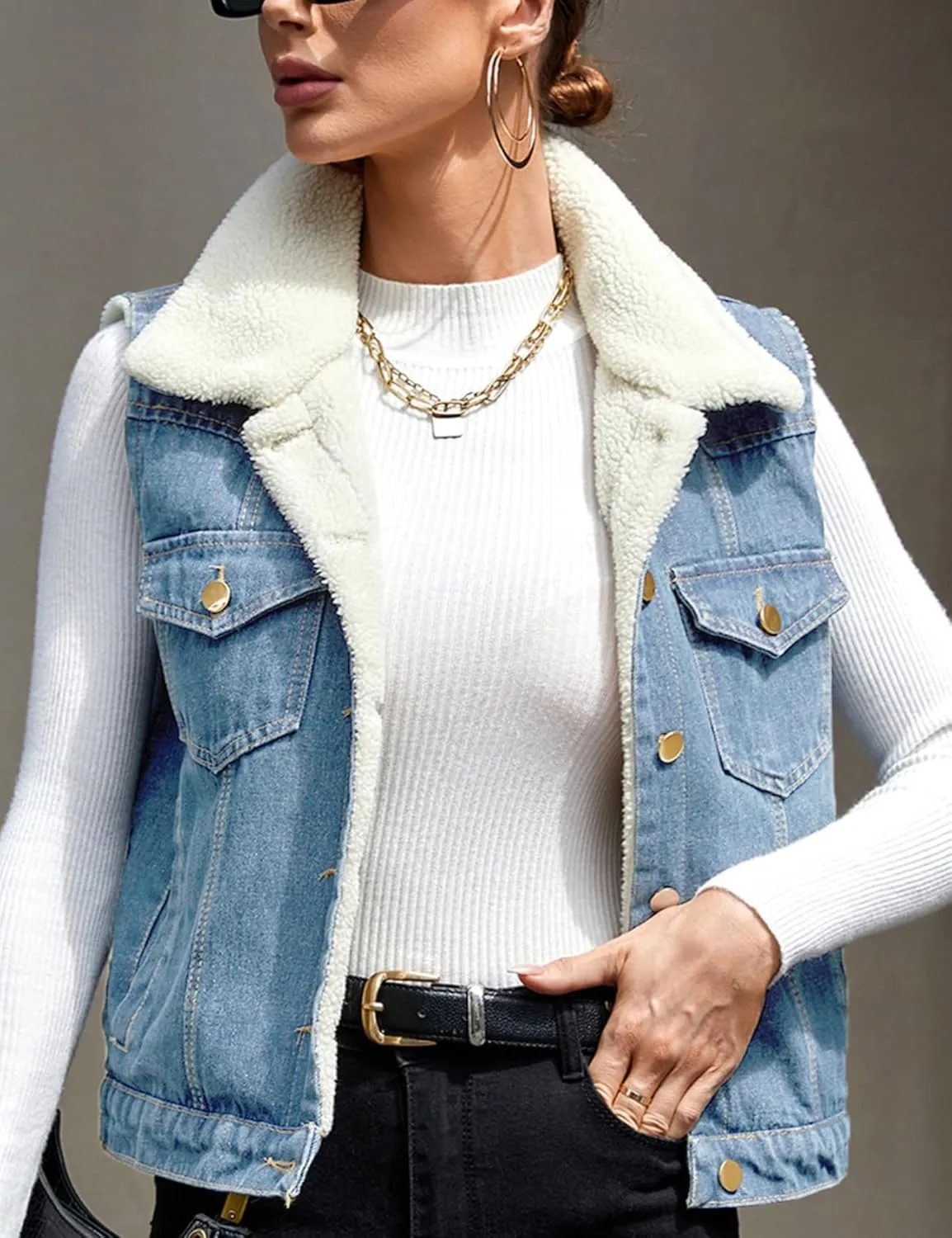 Perbai Womens Warm Fleece Lined Crop Denim Vest Lapel Button Down Loose Sleeveless Jean Sherpa Jacket