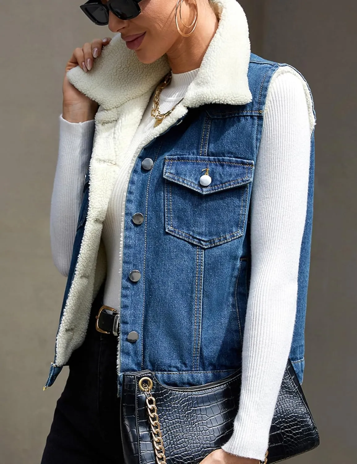 Perbai Womens Warm Fleece Lined Crop Denim Vest Lapel Button Down Loose Sleeveless Jean Sherpa Jacket