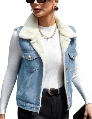 Perbai Womens Warm Fleece Lined Crop Denim Vest Lapel Button Down Loose Sleeveless Jean Sherpa Jacket