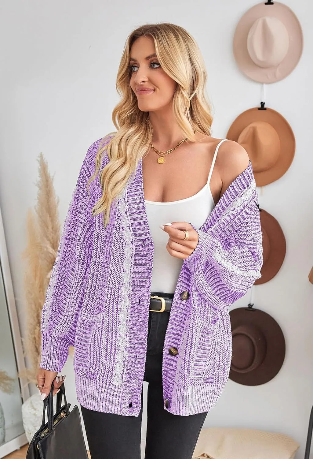 Pink Queen Women's 2024 Fall Winter Cardigan Sweater Long Sleeve Cable Knit Loose Outerwear Coat