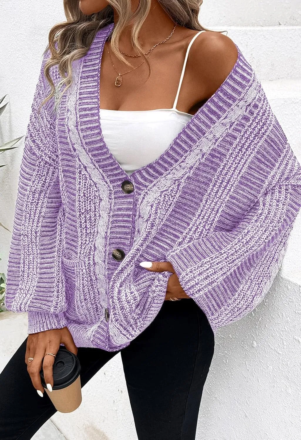Pink Queen Women's 2024 Fall Winter Cardigan Sweater Long Sleeve Cable Knit Loose Outerwear Coat