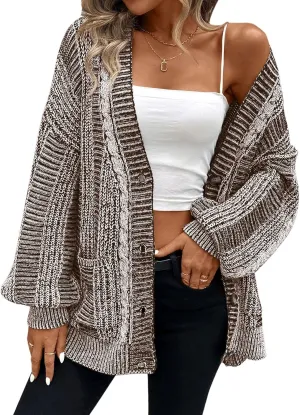 Pink Queen Women's 2024 Fall Winter Cardigan Sweater Long Sleeve Cable Knit Loose Outerwear Coat