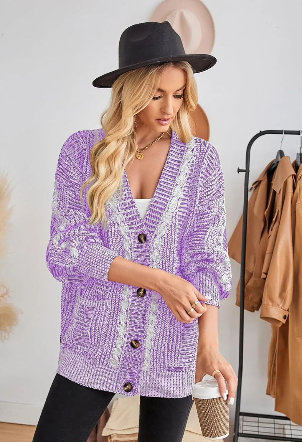 Pink Queen Women's 2024 Fall Winter Cardigan Sweater Long Sleeve Cable Knit Loose Outerwear Coat