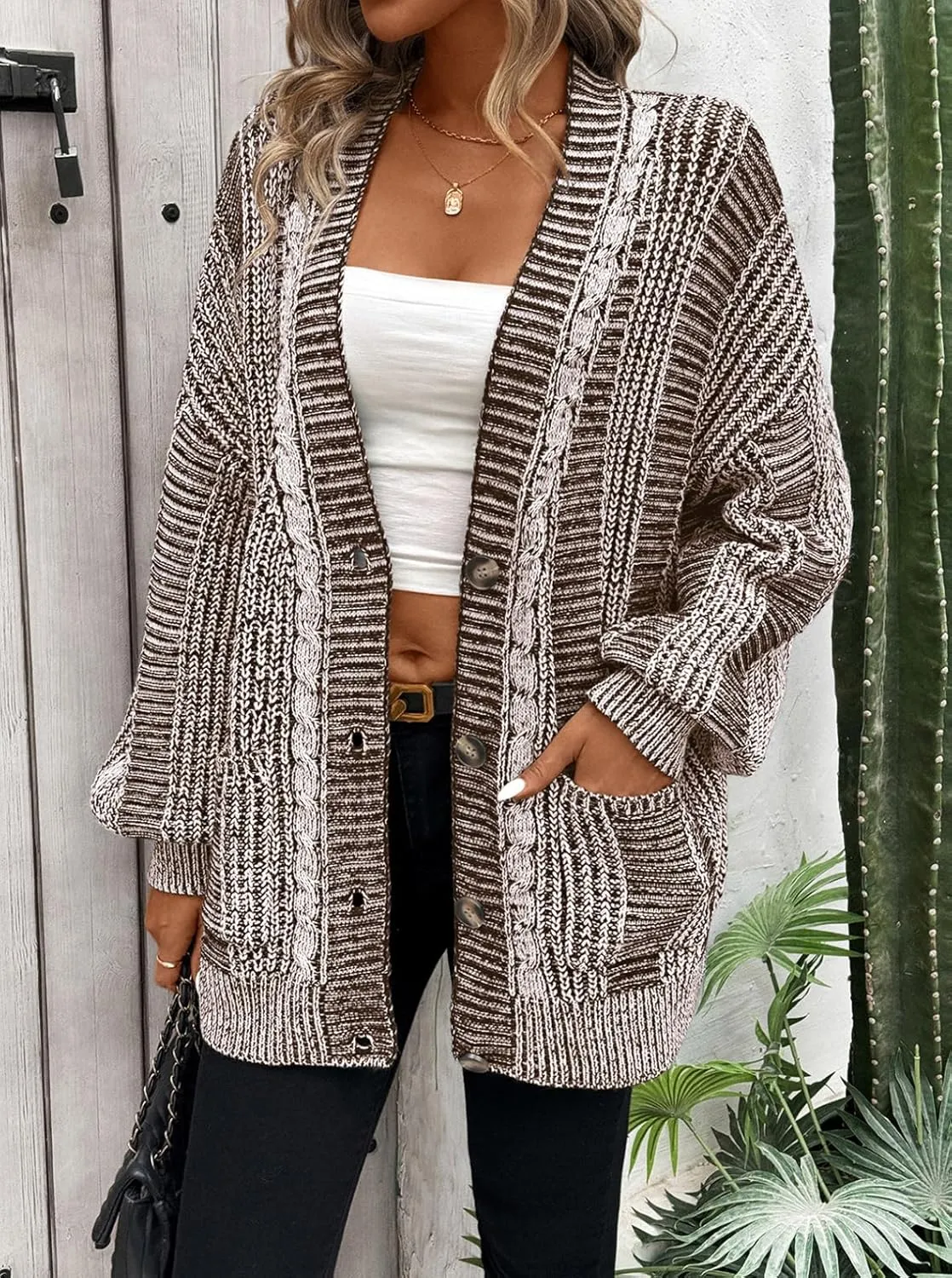 Pink Queen Women's 2024 Fall Winter Cardigan Sweater Long Sleeve Cable Knit Loose Outerwear Coat