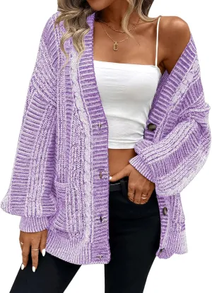 Pink Queen Women's 2024 Fall Winter Cardigan Sweater Long Sleeve Cable Knit Loose Outerwear Coat