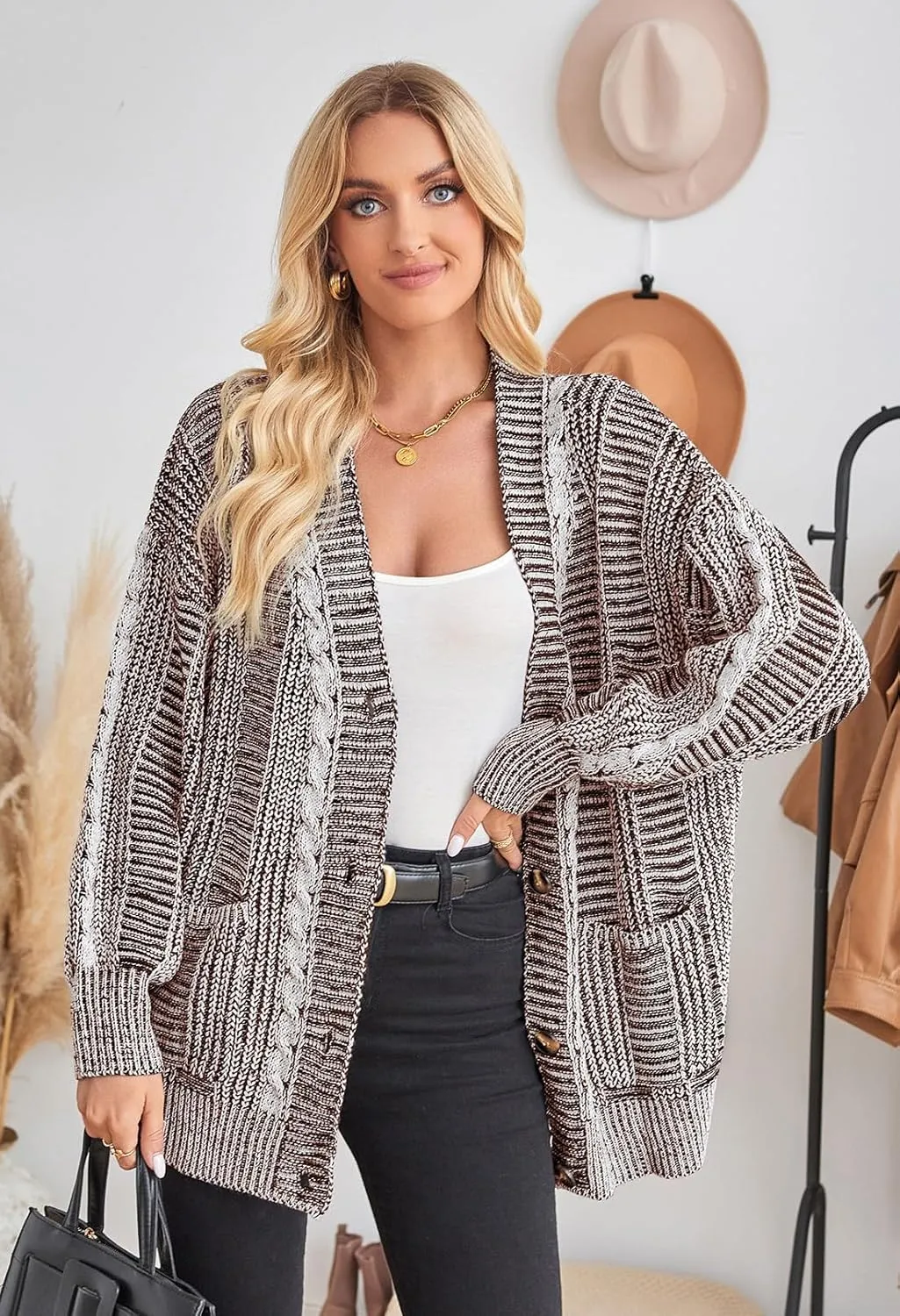Pink Queen Women's 2024 Fall Winter Cardigan Sweater Long Sleeve Cable Knit Loose Outerwear Coat
