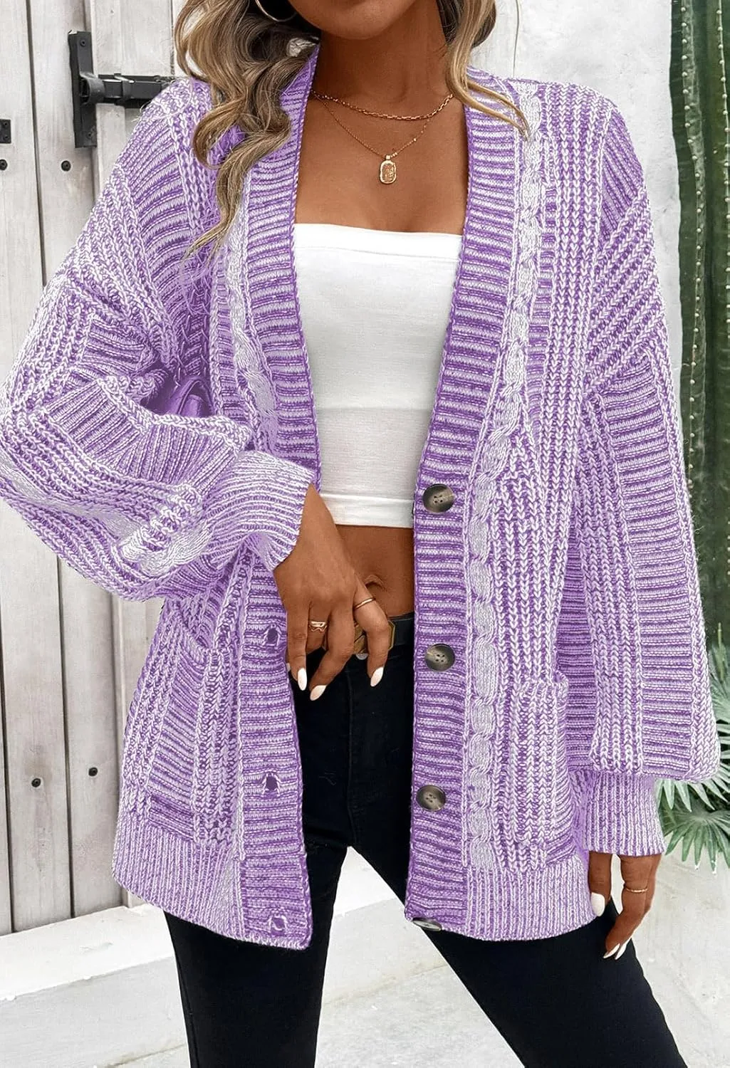 Pink Queen Women's 2024 Fall Winter Cardigan Sweater Long Sleeve Cable Knit Loose Outerwear Coat