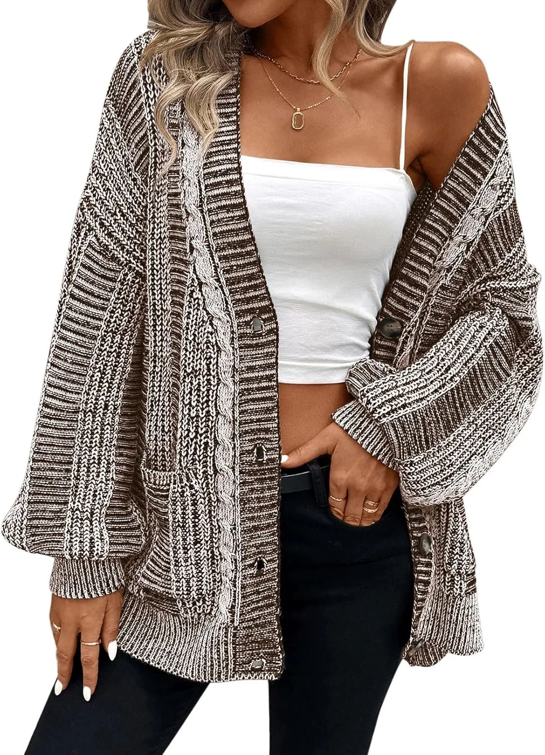 Pink Queen Women's 2024 Fall Winter Cardigan Sweater Long Sleeve Cable Knit Loose Outerwear Coat