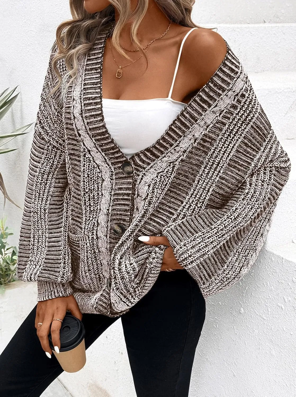 Pink Queen Women's 2024 Fall Winter Cardigan Sweater Long Sleeve Cable Knit Loose Outerwear Coat