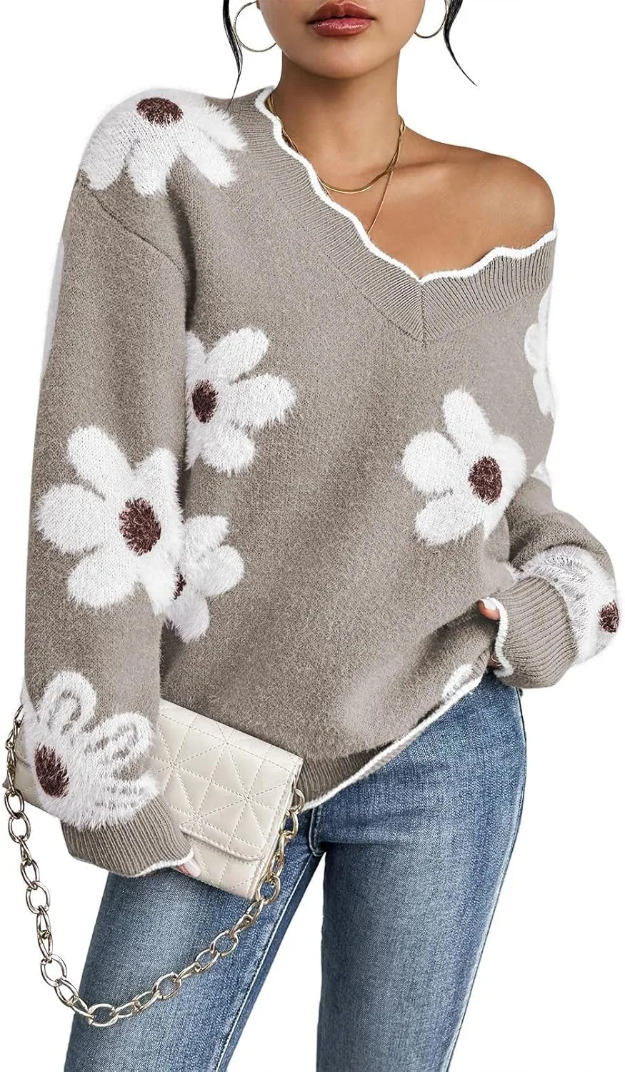 Pink Queen Women's Oversized V Neck Fuzzy Sweaters 2024 Casual Loose Long Sleeve Chunky Knit Pullover Jumper Tops