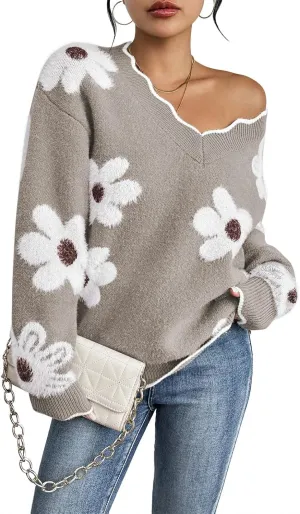 Pink Queen Women's Oversized V Neck Fuzzy Sweaters 2024 Casual Loose Long Sleeve Chunky Knit Pullover Jumper Tops