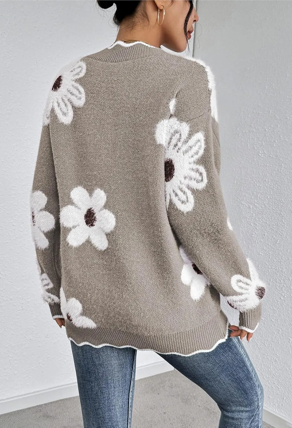 Pink Queen Women's Oversized V Neck Fuzzy Sweaters 2024 Casual Loose Long Sleeve Chunky Knit Pullover Jumper Tops