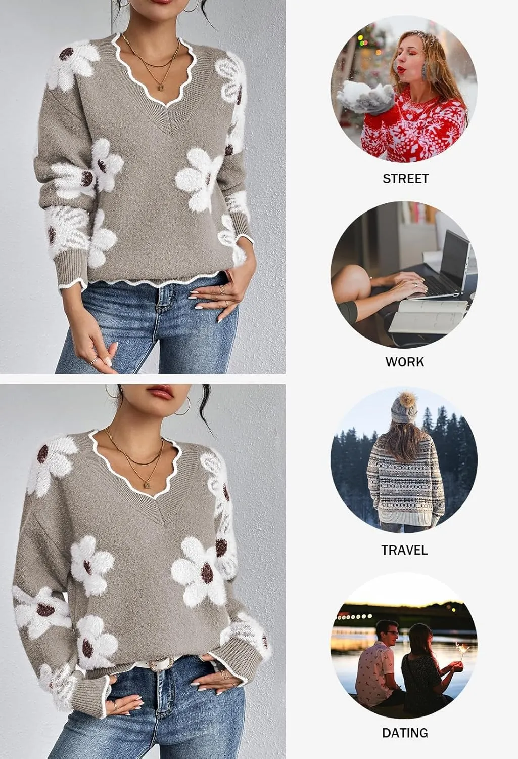 Pink Queen Women's Oversized V Neck Fuzzy Sweaters 2024 Casual Loose Long Sleeve Chunky Knit Pullover Jumper Tops