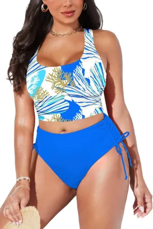 Pink Queen Women's Scoop Neck Racerback Ruched Crop Top High Waisted Bikini Sets 2 Piece Swimsuit Bathing Suit