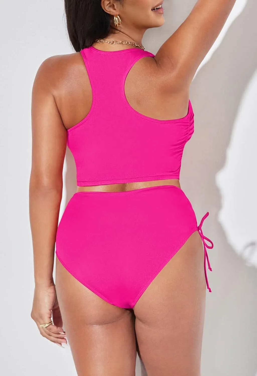 Pink Queen Women's Scoop Neck Racerback Ruched Crop Top High Waisted Bikini Sets 2 Piece Swimsuit Bathing Suit