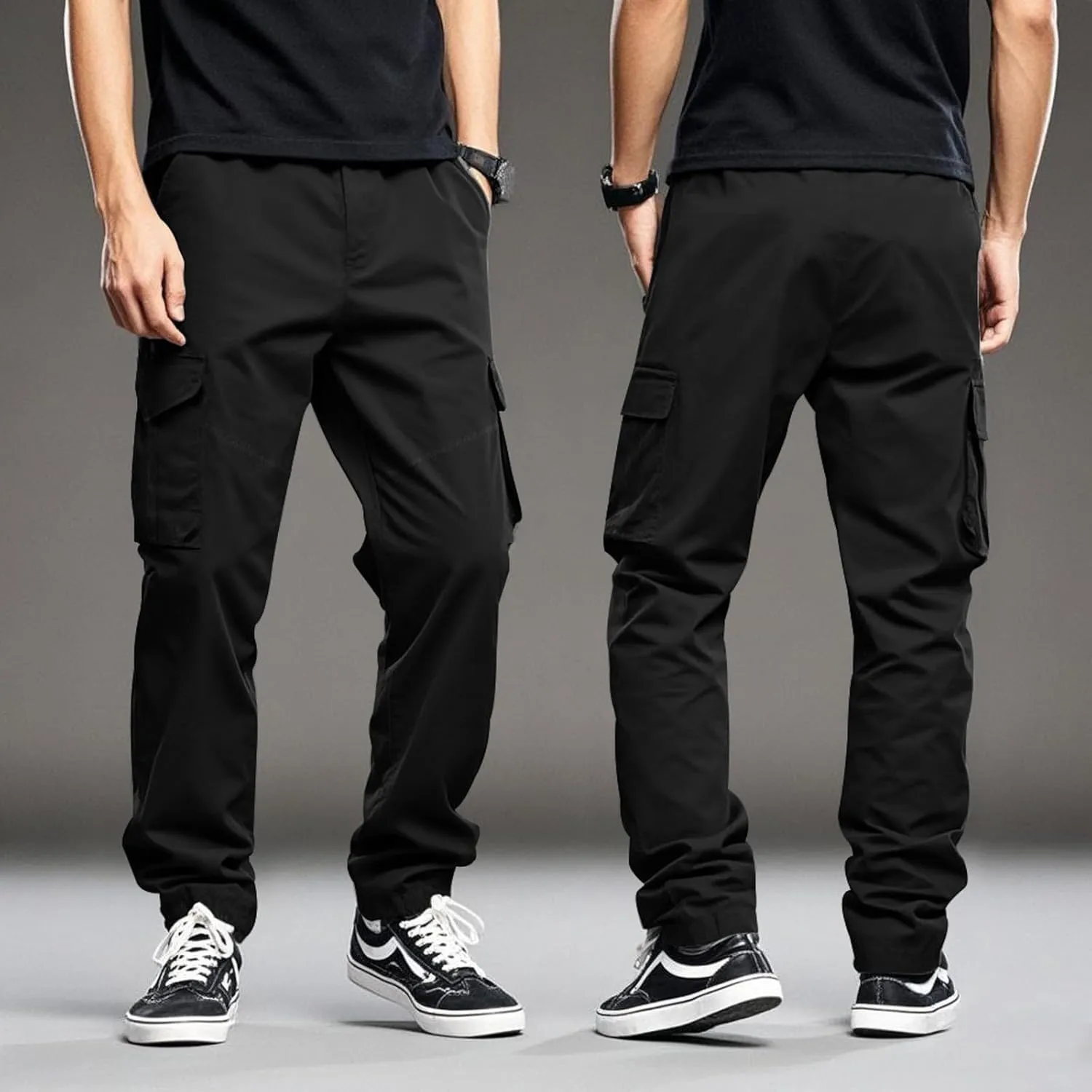 Plus Size Cargo Pants for Men Multi Pockets Elastic Waist Travel Pants Relaxed Fit Drawstring Work Tactical Trousers