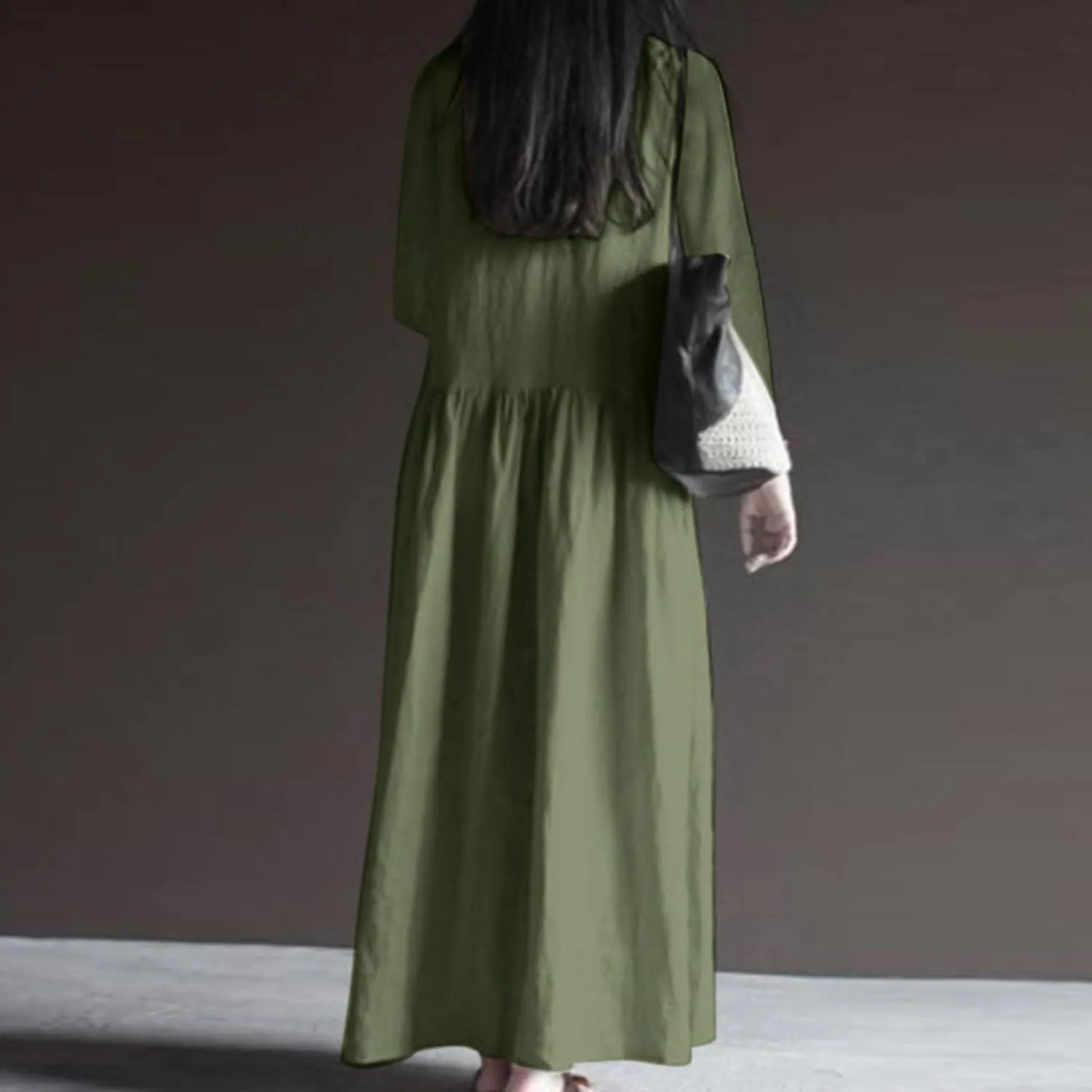 Plus Size Dresses for Women Ladies V Neck Solid Color Cotton and Linen Casual Pocket Long Sleeved Cute Dress