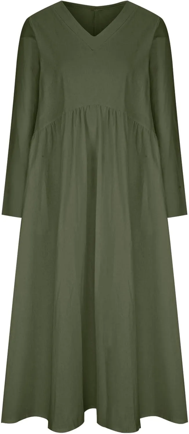 Plus Size Dresses for Women Ladies V Neck Solid Color Cotton and Linen Casual Pocket Long Sleeved Cute Dress