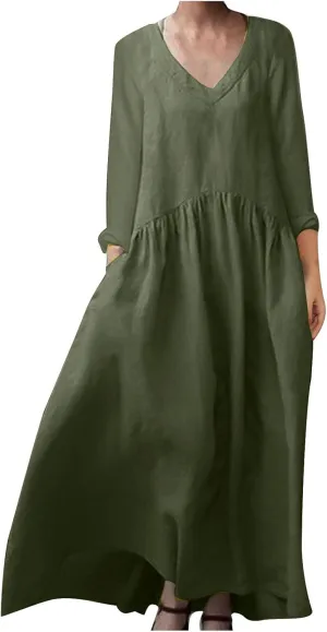Plus Size Dresses for Women Ladies V Neck Solid Color Cotton and Linen Casual Pocket Long Sleeved Cute Dress