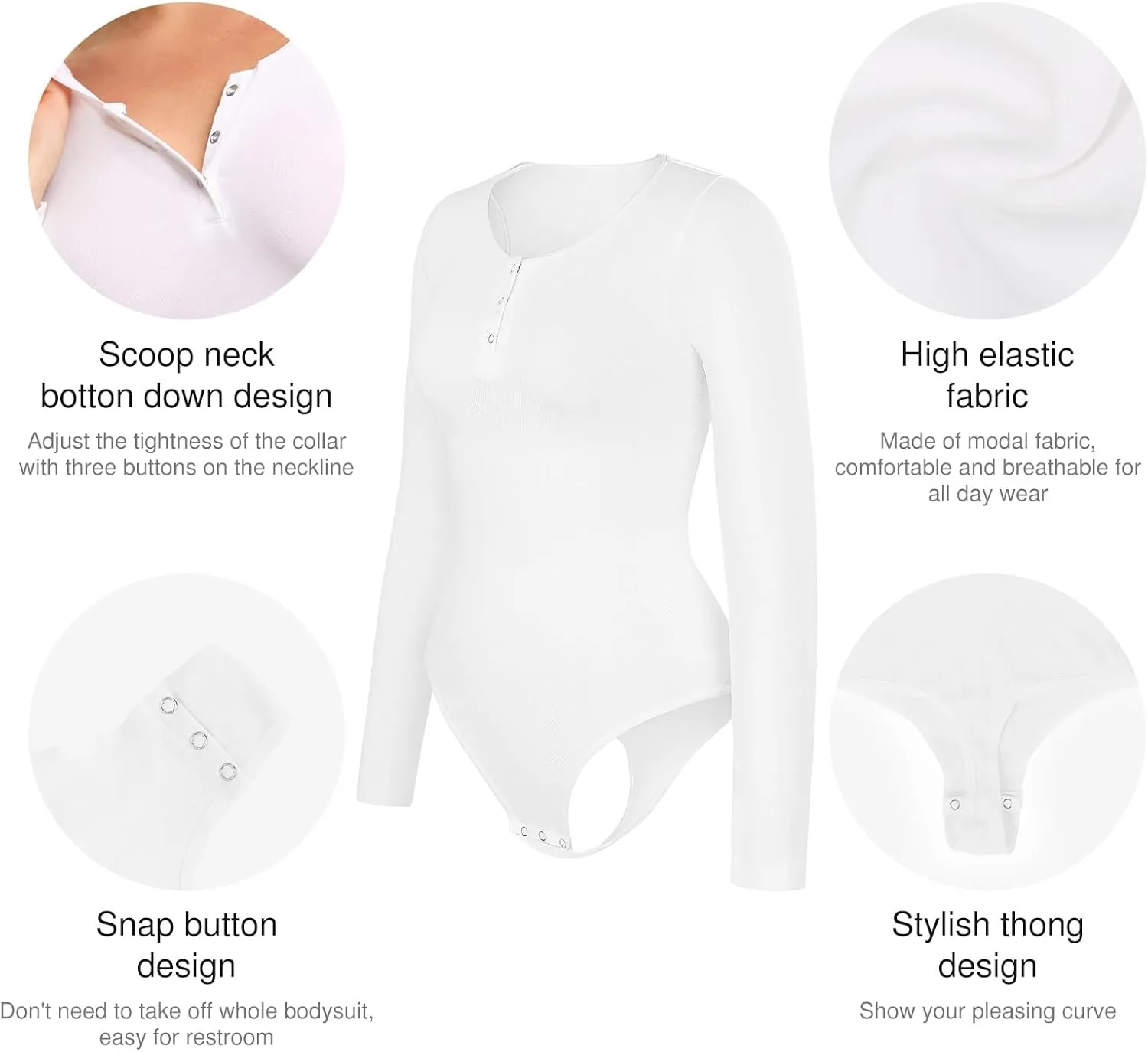 Popilush Long Sleeve Shapewear Bodysuit Tummy Control Henley Button Up Modal Scoop Neck Body Suit Tank Tops