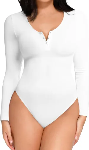 Popilush Long Sleeve Shapewear Bodysuit Tummy Control Henley Button Up Modal Scoop Neck Body Suit Tank Tops