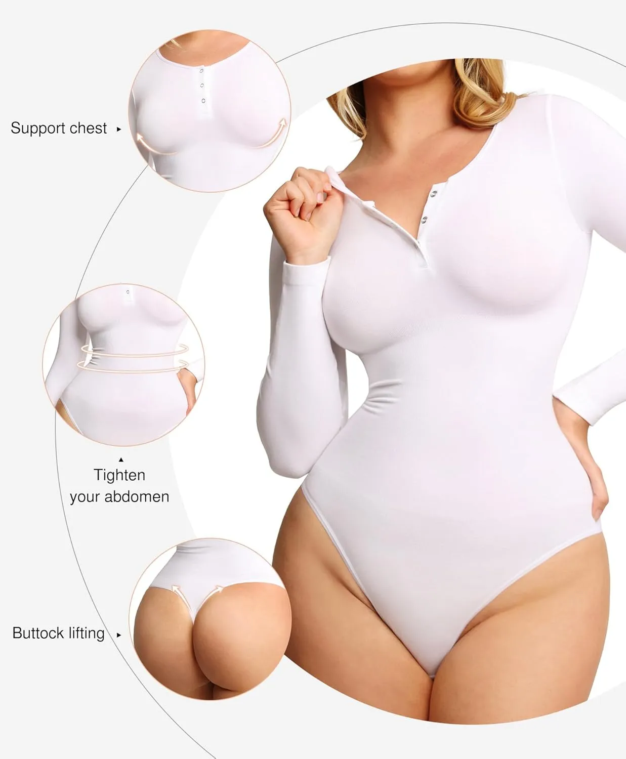 Popilush Long Sleeve Shapewear Bodysuit Tummy Control Henley Button Up Modal Scoop Neck Body Suit Tank Tops