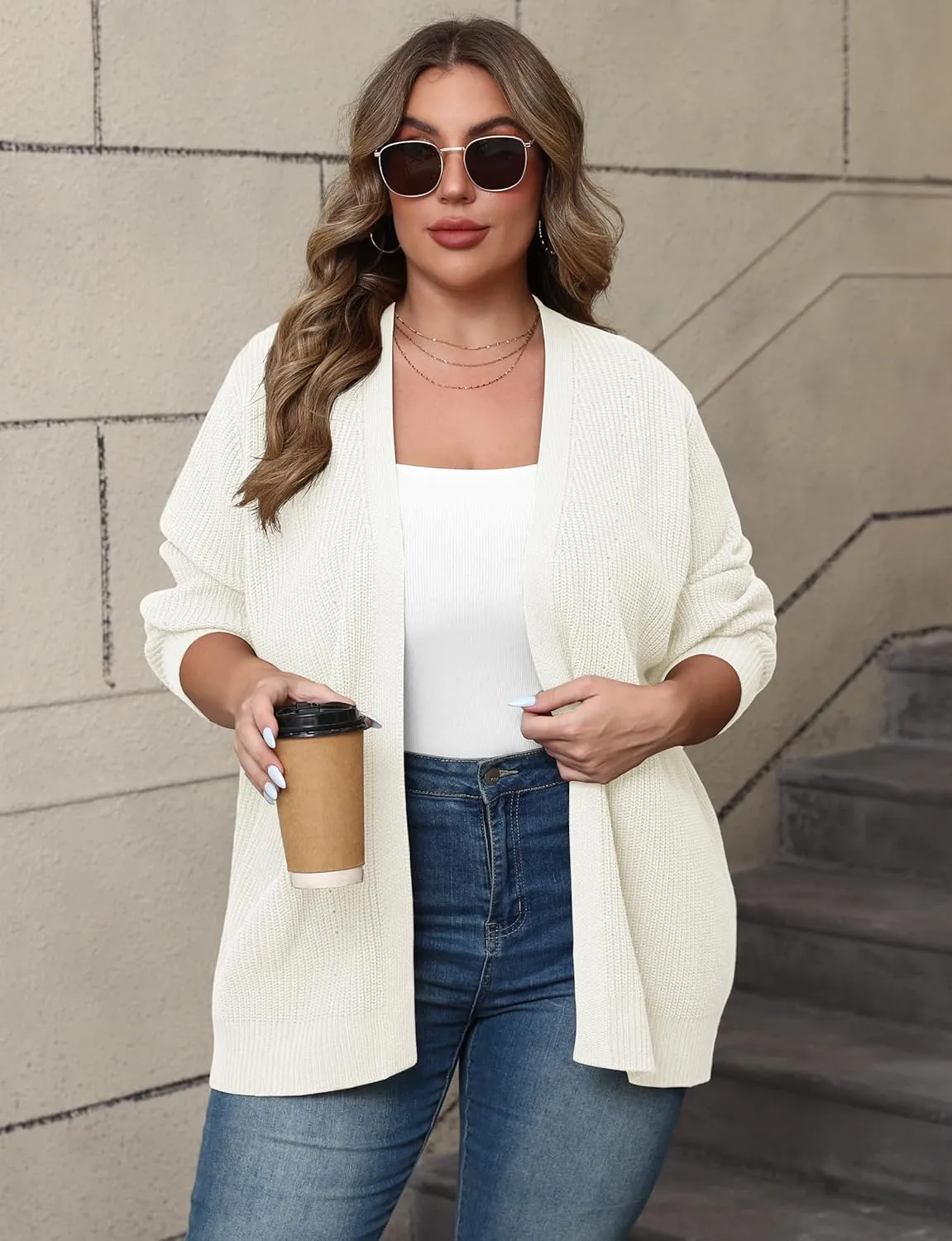 POSESHE Women's Plus Size Open Front Knit Cardigan Casual Coatigan Sweater Lady Jacket Coat 2024 Winter Outerwear