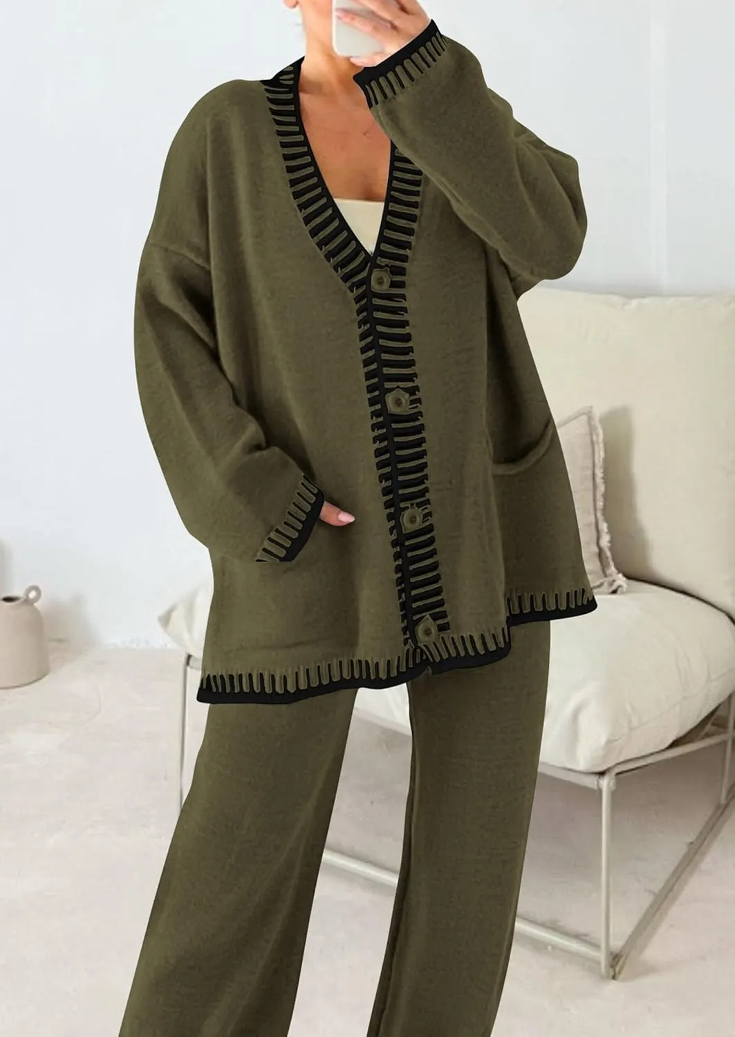 PRETTYGARDEN Women's 2 Piece Outfits Knit Matching Lounge Sets Long Sleeve V Neck Cardigan Sweaters Wide Leg Pants Tracksuits