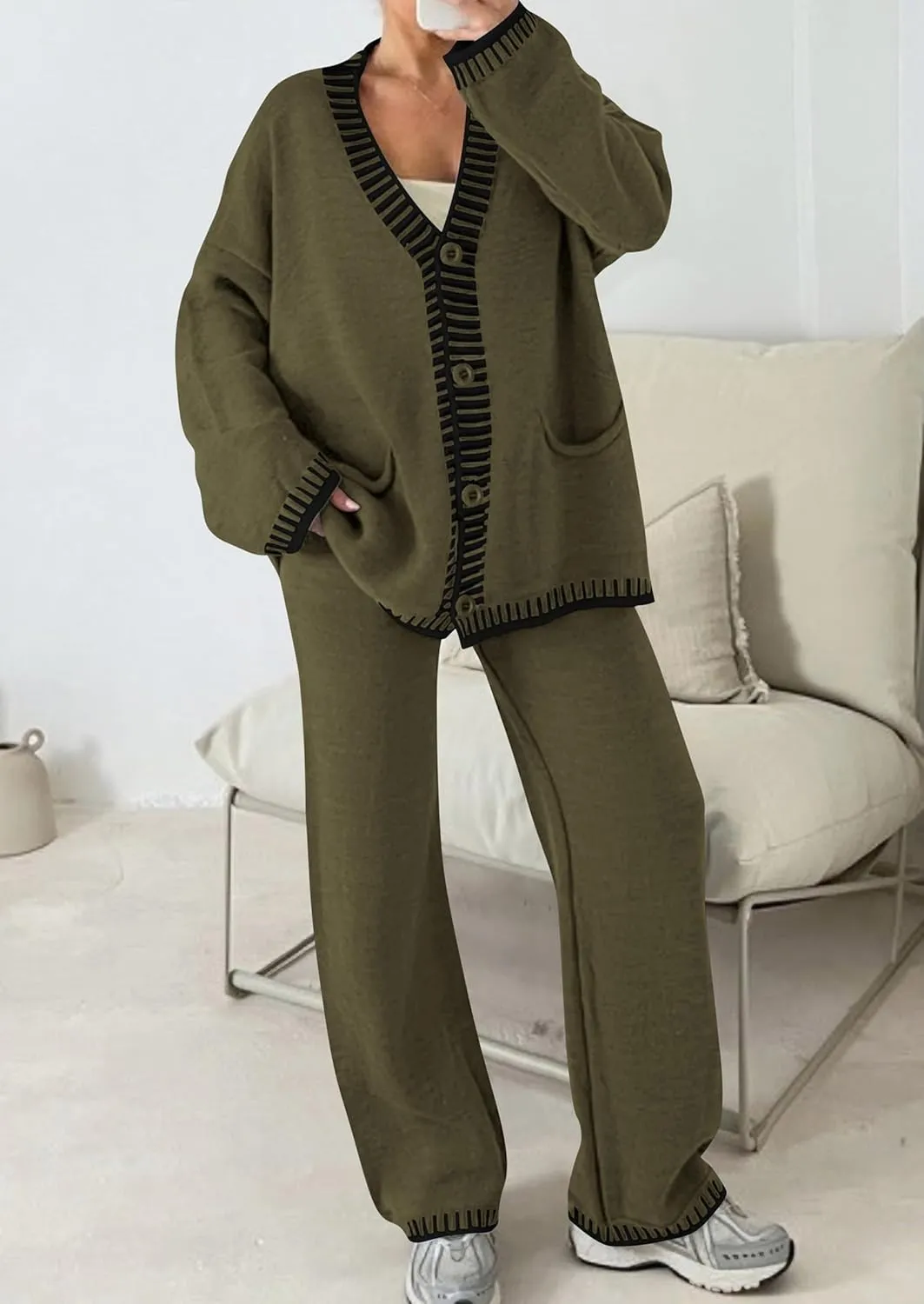 PRETTYGARDEN Women's 2 Piece Outfits Knit Matching Lounge Sets Long Sleeve V Neck Cardigan Sweaters Wide Leg Pants Tracksuits