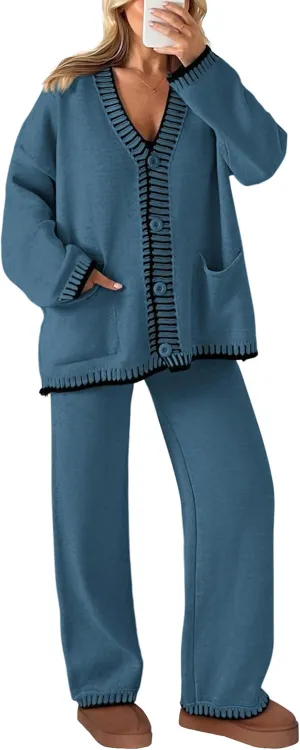 PRETTYGARDEN Women's 2 Piece Outfits Knit Matching Lounge Sets Long Sleeve V Neck Cardigan Sweaters Wide Leg Pants Tracksuits